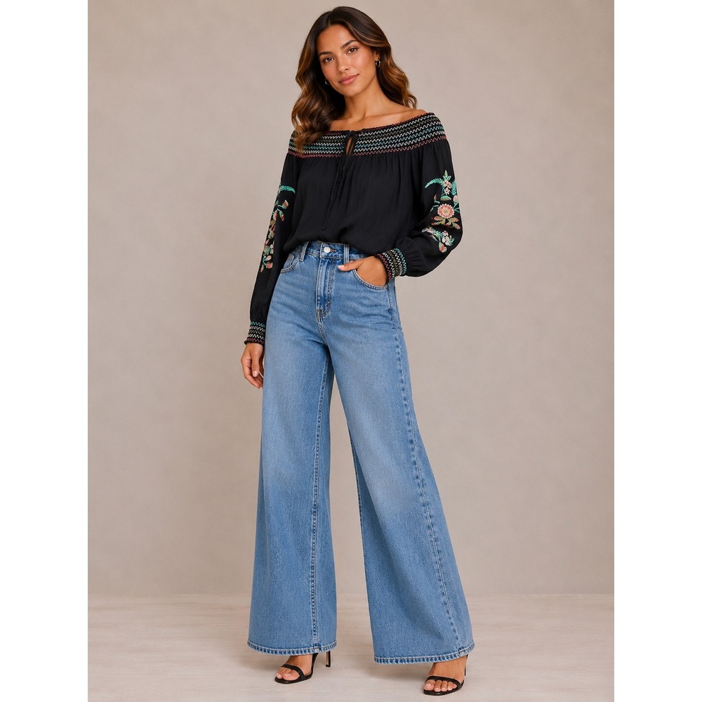 Umgee Black‎ Floral Embroidered Off the Shoulder Boho Peasant Blouse Small D0011